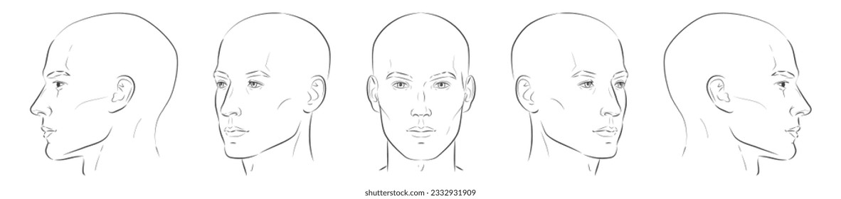 Man face portrait three different angles and turns of a male head. Bald hairless man. Close-up vector line sketch. Set of different view front, profile, three-quarter of a boy