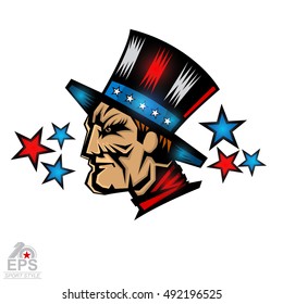 Man face in profile with blue red hat isolated on white. Logo for any sport team senators or patriots