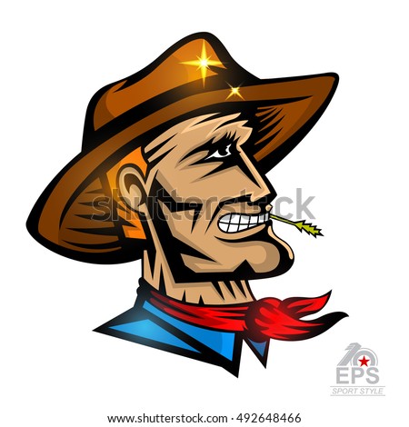 Man face in profile with cowboy hat isolated on white. Logo for any sport team mavericks