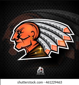 Man face profile with feathers in the head. Sport logo