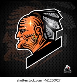 Man face profile with feathers in the head. Sport logo