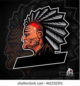 Man face profile with feathers in the head. Sport logo