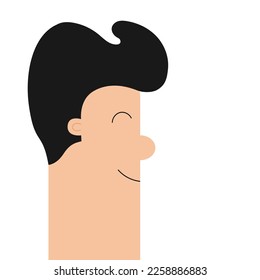 Man face profile. Guy face head. Cute cartoon funny character. Smiling happy emotion. Black hair. Curl hairstyle. Rectangle shape. Successful businessman. Avatar. Flat design. White background. Vector