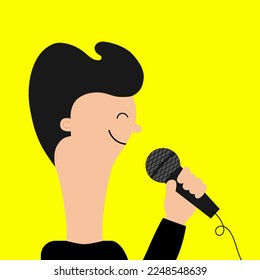 Man face profile. Hand holding microphone. Guy face head singing. Music karaoke party. News journalist. Black hair. Curl hairstyle. Cute cartoon funny character. Flat design. Yellow background. Vector