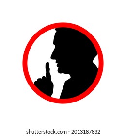 Man face profile with hand, shhh forbidden icon isolated on white, please keep quiet sign