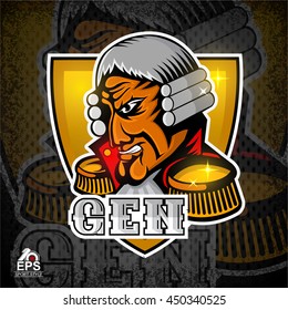 Man face in profile with vintage military uniform and wig. Logo for any sport team gen