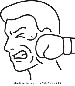 Man face punched, boxing glove, violence, aggression, pain, conflict, injury, defense, combat, impact.
