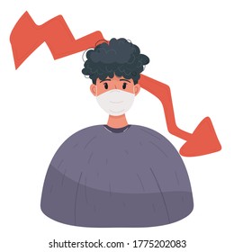Hombre con máscara protectora facial y respiratoria para prevenir la enfermedad, la gripe, la contaminación del aire, el aire contaminado, la contaminación del mundo y la crisis económica gráfica. Ilustración de material vectorial en un estilo plano.