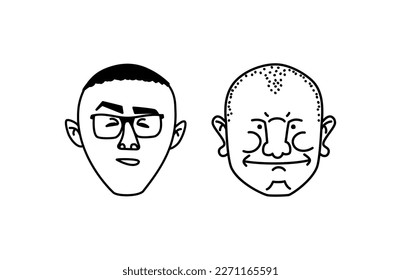 man face, senior, mature. Adult people, diverse characters set, different shapes. Funny person. Collection of facial expressions. Vector cartoon line hand drawn sketch Illustration