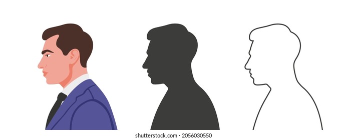 Man face from the side. Silhouettes of people in three different styles. Profile of a Face. Vector illustration