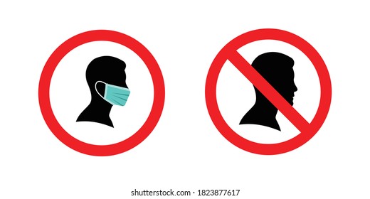 Man face silhouette in medical mask, head with mask for virus protection, the area must wear a mask isolated on white, prohibition of not wearing masks, protection business concept, Vector icon