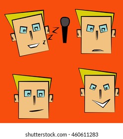 man face sing song smile big smile and expression less with orange background. 