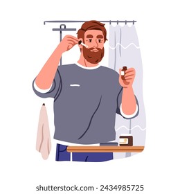 Man, face skin care routine. Male character applying moisturizing serum. Morning hygiene with facial oil, anti-age cosmetic skincare moisturizer. Flat vector illustration isolated on white background