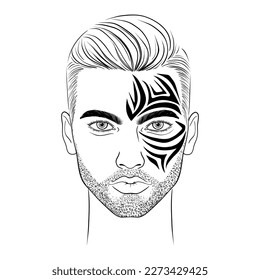 Man face with tattoo. Hand drawn illustration.