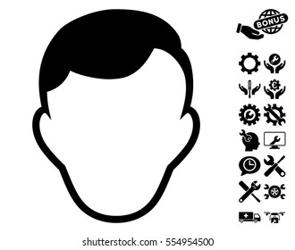 Man Face Template icon with bonus setup tools pictograms. Vector illustration style is flat iconic black symbols on white background.