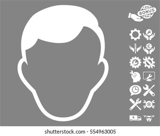 Man Face Template icon with bonus service design elements. Vector illustration style is flat iconic white symbols on gray background.