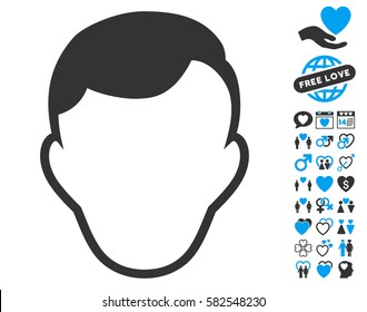 Man Face Template icon with bonus romantic pictograms. Vector illustration style is flat iconic blue and gray symbols on white background.