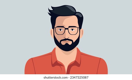 Cara masculina y cuerpo superior - Retrato vectorial de la persona casual con barba y gafas. Vista frontal, diseño plano