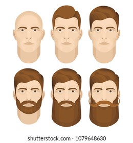Man face vector illustrations set. Male character face constructor.
Man face with different beard styles isolated on white background.