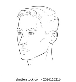 Man face vector. Male portrait of young beautiful boy with trendy hairdo. Three-quarter view. Sketch line illustration.