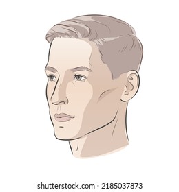 Man face vector. Male portrait of young beautiful boy with trendy hairdo. Three-quarter view. Sketch line illustration.