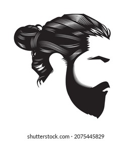 Man face with vintage hairstyles beard and Bun Undercut vector line art illustration.