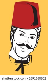 Man Face Wearing Fez Hat 