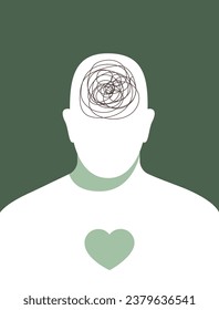 Man faceless silhouette with scribbled brains and heart shape inside chest. Mental health and emotional confusion concept. Lonely male inner mind. Single person sad feelings. Vector.