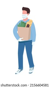 Hombre en facemask de carácter vector de color semiplano. Figura permanente. Persona de cuerpo entero sobre blanco. Tipo que sostiene bolsa de compra simple ilustración de estilo de dibujos animados para diseño gráfico web y animación
