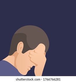Man with a facepalm, feeling blue and stressed. Headache, disappointment or shame, mental health issues. Vector illustration in cartoon style.