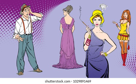 A man faces a choice. Difficult decision. Surprised boy. Guy choosing woman. Pop art retro style illustration. People in retro style.