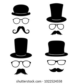 Man faces with glasses, mustache, hats. Photo props collections. Retro party set. Vector illustration