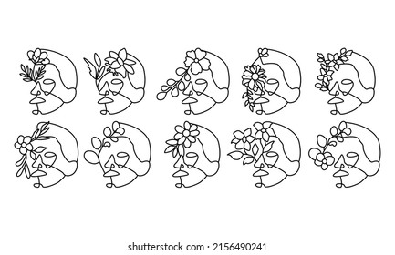 Man faces line art style with flower and leaves