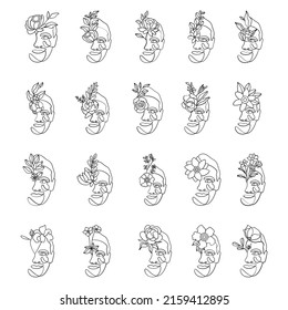 Man faces line art style with flower and leaves