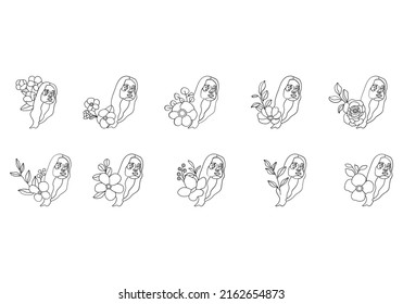 Man faces line art style with flower and leaves