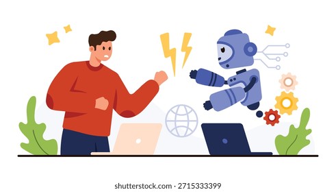 El hombre se enfrenta a un robot que simboliza el riesgo de la IA y la competencia en el lugar de trabajo, destacando el impacto de la tecnología en los empleos, la automatización y la futura Ilustración vectorial de empleo