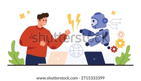 Man faces off against robot symbolizing AI risk and workplace competition, highlighting technology impact on jobs, automation, and future employment vector illustration
