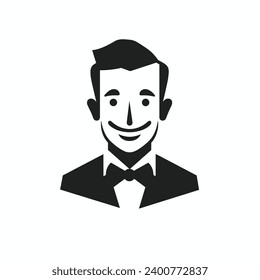 Man Facial Expressions with Cheerful mood, simple flat black and white icon Silhouette, Human Artistic Graphic Flat.