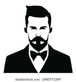 Man Facial Expressions with Confident mood, simple flat black and white icon Silhouette, Portrait Facial Logo Minimalist.