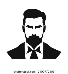 Man Facial Expressions with Eager mood, simple flat black and white icon Silhouette, Man Portrait Vector Flat.