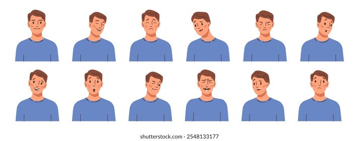 Man with facial expressions, isolated collection of positive and negative emotions. Male character avatar with different face expressing. Smiling and laughing, fear and anger, surprised and confused