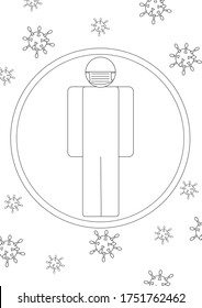 A man in a facial mask and a virus or infection around like a coloring page. Outline vector stock illustration with a person as a concept of protection against a virus or flu