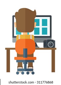 A man facing backward with laptop and camera looking the soft copy of the pictures taken. A Contemporary style. Vector flat design illustration isolated white background. Vertical layout
