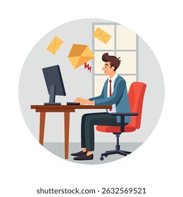 Hombre que enfrenta la Ilustración vectorial de inundación de correo electrónico. Archivo Eps 10 