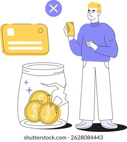 Man facing a financial issue with a declined credit card and a cracked savings jar full of coins. Symbolizes banking problems, debt, economic crisis, or failed payments. Minimal flat style