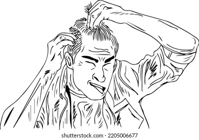 Man facing hair fall problem sketch drawing, Hair loss vector illustration, Cartoon doodle drawing of Sad bald man, Hair Loss problem silhouette