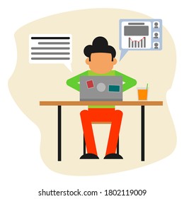 A man facing laptop. Work from home vector illustration