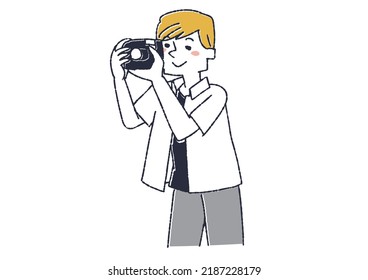  Ein Mann, der zur Seite zeigt und eine Kamera hält, eine Person, die ein Foto macht
