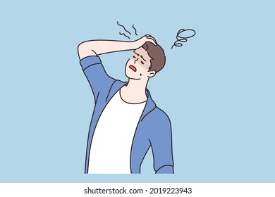Man fainting and Symptom of disease concept. Sick unhappy irritated man cartoon character standing holding head having dizziness vector illustration