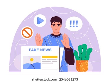 Man with fake news. Young guy with newspaper article. Lies and dishonesty. Propaganda and disinformation. Bad journalists and mass media. Flat vector illustration isolated on white background